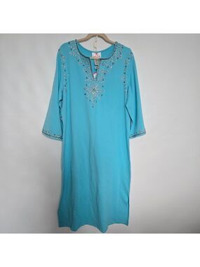 QUACKER FACTORY TUNIC DRESS BLUE MIDI-MAXI EMBELLISED BEAUTIFUL SEQUINS MED NWT